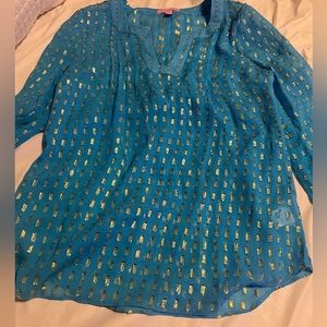 Lilly Pulitzer thin Aqua blue blouse w gold shimmers Indian tone size XS